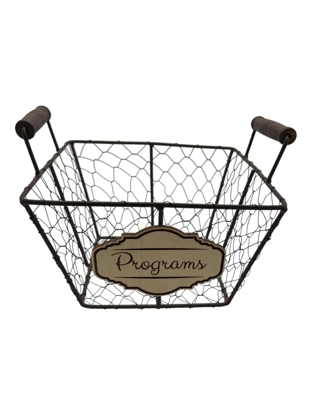 “Programs” Party Basket Smooth Wood Handles Finished Metal